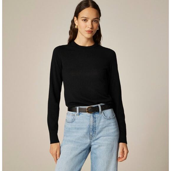 J.Crew Carolyn Fitted Crewneck Sweater L Black Merino Wool Long Sleeve Pullover - Picture 1 of 7